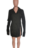 Black Casual Solid Color Buckle Slit Shirt Collar Shirt Dresses