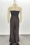 Deep Coffee Sexy Stripe Patchwork Turndown Collar Loose Jumpsuits