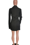 Black Casual Solid Color Buckle Slit Shirt Collar Shirt Dresses
