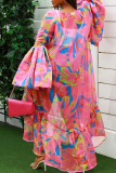 Pink Sexy Print Patchwork Cardigan Collar Plus Size Overcoat
