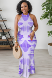 White Casual Print Patchwork O Neck Long Dresses