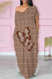 Baby Blue Casual Print Pocket Slit V Neck Long Dresses