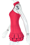 Red Sexy Solid Color Backless Halter Cake Skirt Dresses