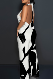 Light Blue Casual Print Backless Strap Design Halter Loose Jumpsuits