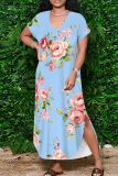 Baby Blue Casual Print Pocket Slit V Neck Long Dresses