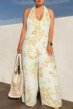 Blue Casual Print Backless Strap Design Halter Loose Jumpsuits