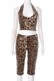 Brown Sexy Leopard Print Sequins Halter Sleeveless Two Pieces