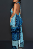 Blue Casual Print Backless Strap Design Halter Loose Jumpsuits
