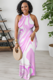 White Casual Print Patchwork O Neck Long Dresses
