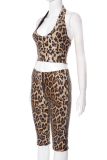 Brown Sexy Leopard Print Sequins Halter Sleeveless Two Pieces