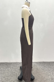 Deep Coffee Sexy Stripe Patchwork Turndown Collar Loose Jumpsuits
