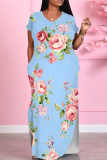 Baby Blue Casual Print Pocket Slit V Neck Long Dresses