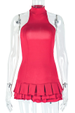 Red Sexy Solid Color Backless Halter Cake Skirt Dresses