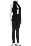 Black Sexy Solid Color Slit Strap Design O Neck Sleeveless Two Pieces