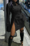 Black Casual Solid Color Buckle Slit Shirt Collar Shirt Dresses