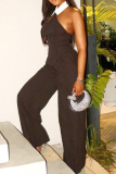 Deep Coffee Sexy Stripe Patchwork Turndown Collar Loose Jumpsuits