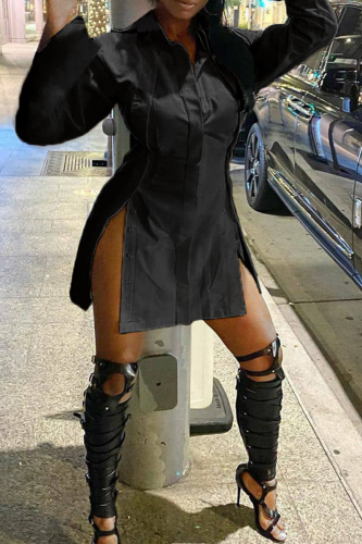 Black Casual Solid Color Buckle Slit Shirt Collar Shirt Dresses