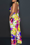 Light Blue Casual Print Backless Strap Design Halter Loose Jumpsuits