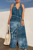 Blue Casual Print Backless Strap Design Halter Loose Jumpsuits