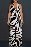 Light Blue Casual Print Backless Strap Design Halter Loose Jumpsuits