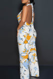 Light Blue Casual Print Backless Strap Design Halter Loose Jumpsuits