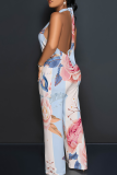 Light Blue Casual Print Backless Strap Design Halter Loose Jumpsuits