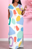 Baby Blue Casual Print Pocket Slit V Neck Long Dresses