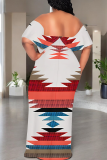 Apricot Casual Print Patchwork Off Shoulder Long Dresses