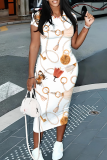 Multicolor Casual Print Patchwork O Neck Wrapped Skirt Dresses
