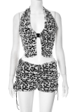 White Sexy Leopard Print Backless Slit Deep V Neck Sleeveless Two Pieces