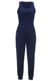 Tibetan Blue Casual Solid Color Pocket Lace Up U Neck Sleeveless Two Pieces