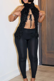 Black Sexy Solid Color Slit Strap Design O Neck Sleeveless Two Pieces