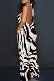 Light Blue Casual Print Backless Strap Design Halter Loose Jumpsuits