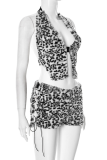 White Sexy Leopard Print Backless Slit Deep V Neck Sleeveless Two Pieces