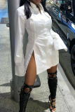 Black Casual Solid Color Buckle Slit Shirt Collar Shirt Dresses