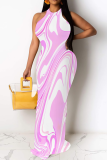 White Casual Print Patchwork O Neck Long Dresses
