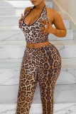 Brown Sexy Leopard Print Sequins Halter Sleeveless Two Pieces