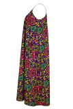 Multicolor Sexy Print Patchwork Spaghetti Strap Long Plus Size Dresses
