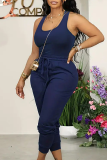 Tibetan Blue Casual Solid Color Pocket Lace Up U Neck Sleeveless Two Pieces
