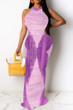 White Casual Print Patchwork O Neck Long Dresses