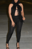 Black Sexy Solid Color Slit Strap Design O Neck Sleeveless Two Pieces