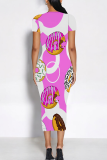 Multicolor Casual Print Patchwork O Neck Wrapped Skirt Dresses
