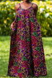 Multicolor Sexy Print Patchwork Spaghetti Strap Long Plus Size Dresses