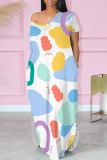 Baby Blue Casual Print Pocket Slit V Neck Long Dresses
