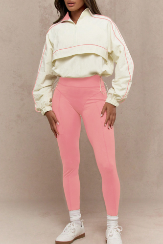 Pink Casual Solid Color Zipper Contrast Zipper Collar Long Sleeve Two Pieces