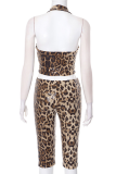 Brown Sexy Leopard Print Sequins Halter Sleeveless Two Pieces