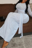 White Elegant Solid Color Ruched O Neck Long Dresses