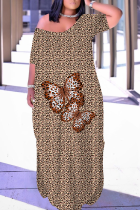 Leopard Print Casual Print Pocket Slit V Neck Long Dresses