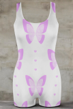White Sexy Print Patchwork U Neck Skinny Rompers