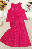 Rose Red Casual Polka Dot Buckle V Neck Plus Size Two Pieces